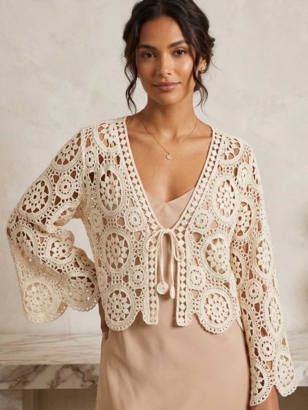 Crochet Open-Front Cardigan Sweater - Cream New Size L